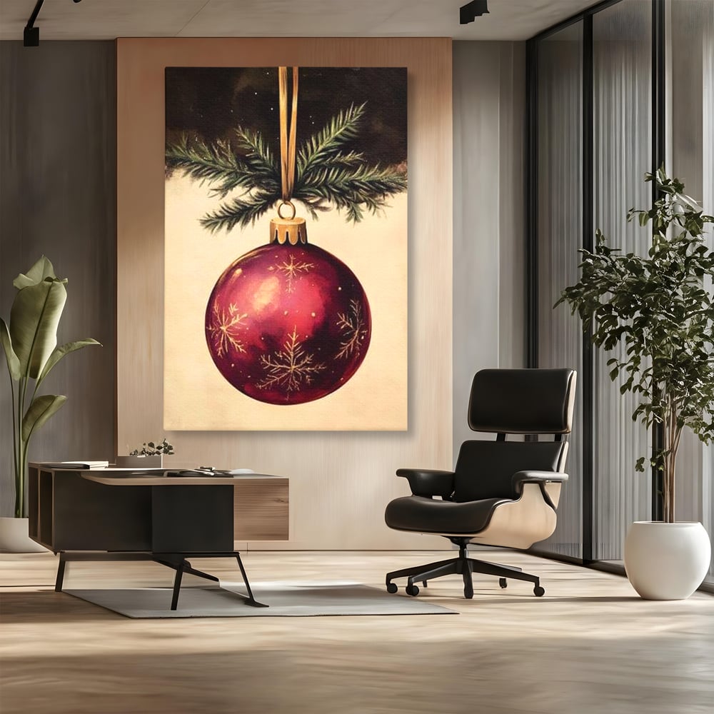 Tablou canvas cu tablou canvas cu glob de craciun visiniu, fara rama, pe sasiu de lemn, pe perete intr-un birou